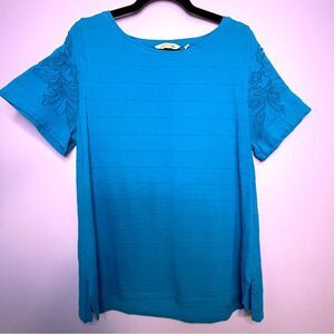 Soft Surroundings Blouse Top Blue Short Sleeve Cotton Eyelet Cut Out Size Large